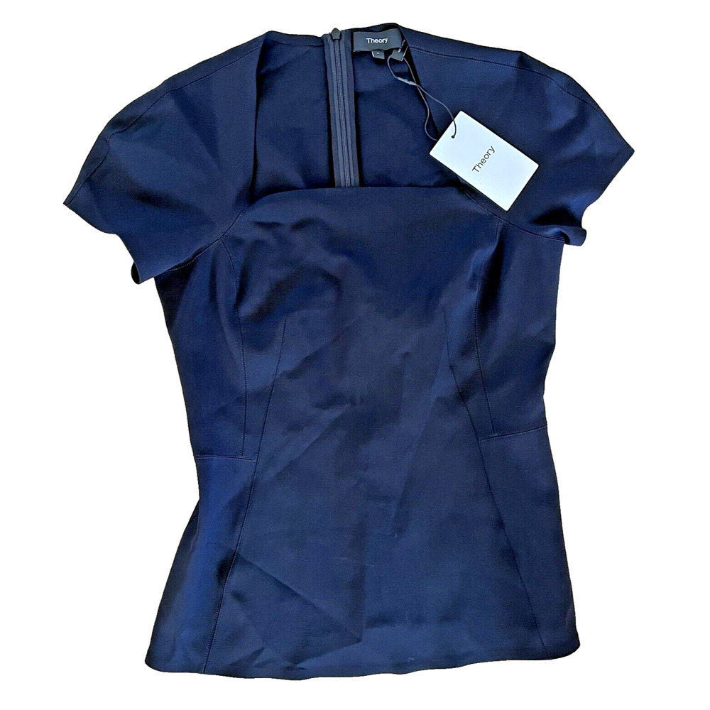 Theory Navy Cap-Sleeve Structured Shell Top
